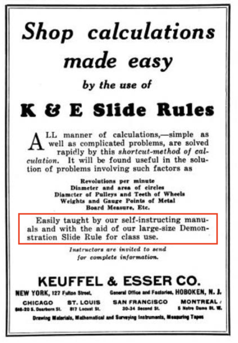 1924 advertisement demonstrating the availability of demonstration slide rules.