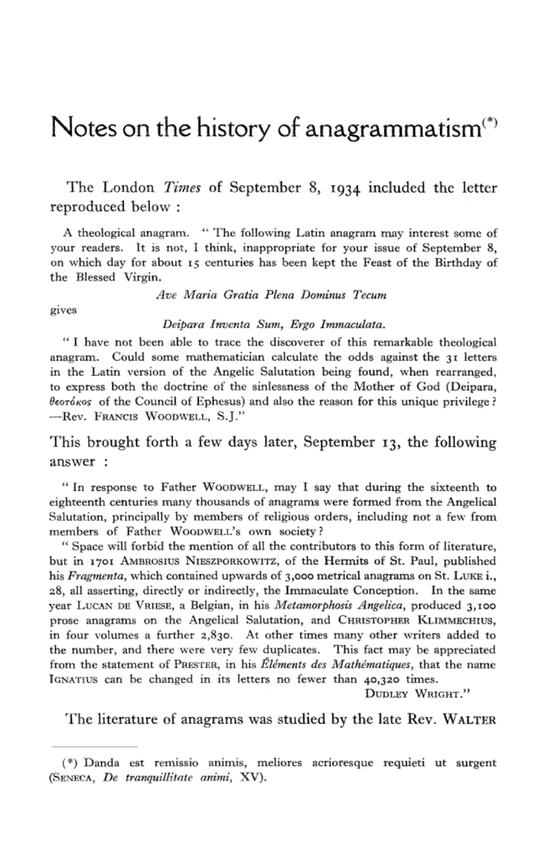 George Sarton, Notes on the History of Anagrammatism, Isis 26, no. 1(1936):132–138.