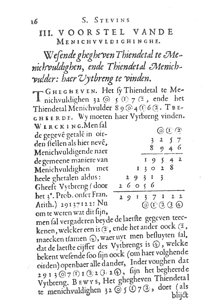 First page of the section on multiplication of decimal fractions from Simon Stevin's 1585 De Thiende