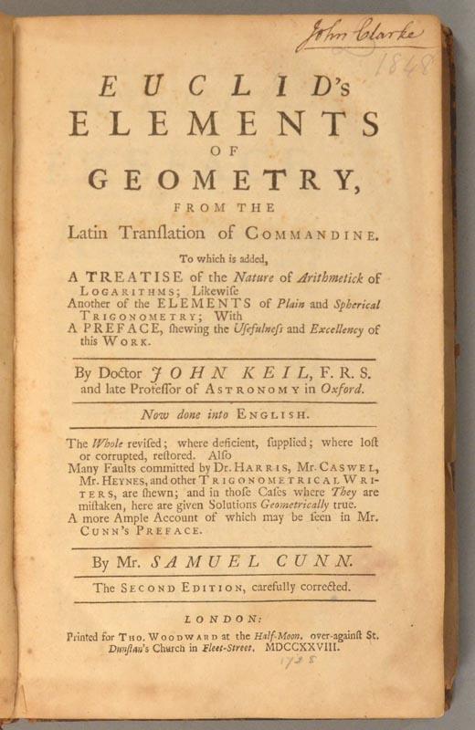 Title page of 1728 second edition of John Keill's Euclid.
