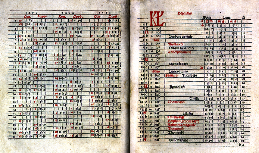 December calendar from Kalendarium by Regiomontanus, 1489