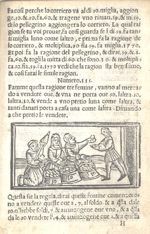 "The market woman" problem and illustration from Libro d'abaco by Giovanni and Girolamo Tagliente, 1535