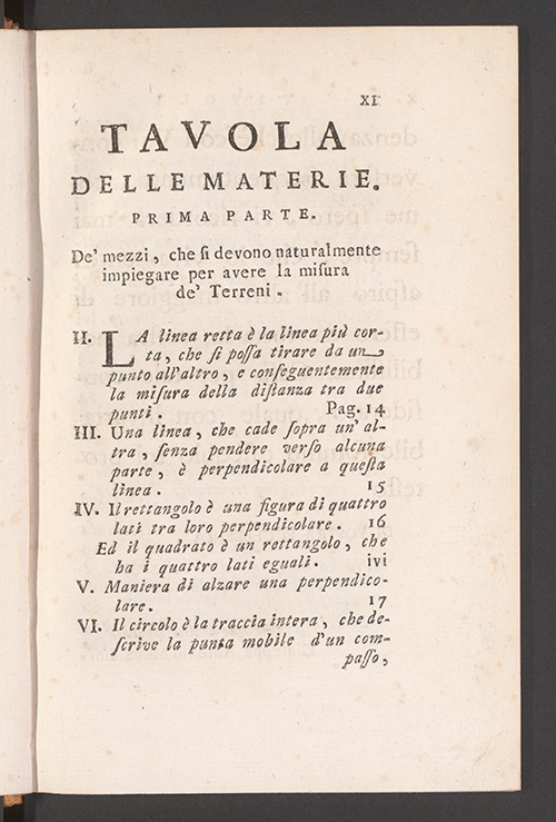 First page of table of contents for Italian translation of Élémens de Géométrie by Alexis Claude Clairaut, 1771