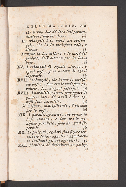 Third page of table of contents for Italian translation of Élémens de Géométrie by Alexis Claude Clairaut, 1771