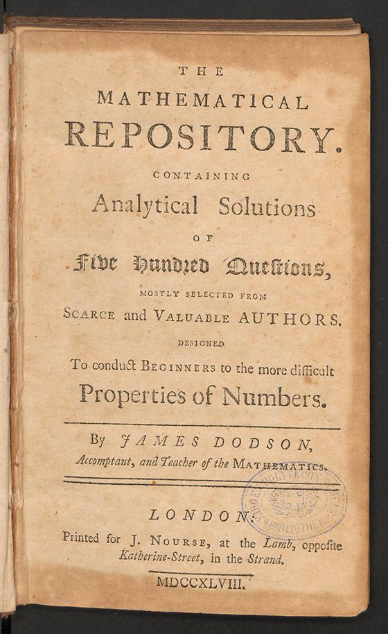 Title page of The Mathematical Repository, Volume I, James Dodson, 1748