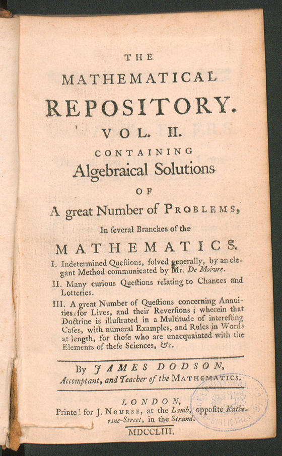 Title page of The Mathematical Repository, Volume II, James Dodson, 1753