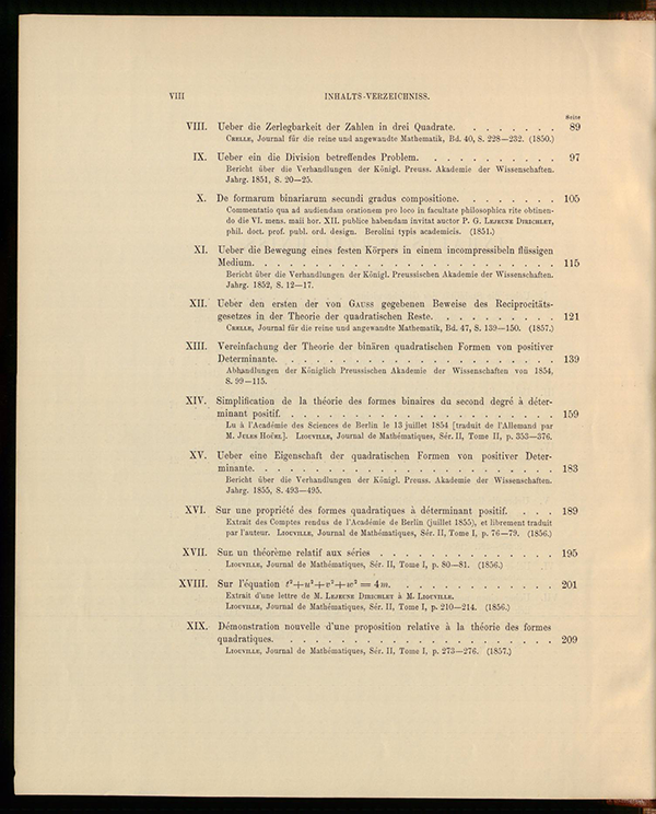 Second page of table of contents for Dirichlet's collected works, volume II, 1897