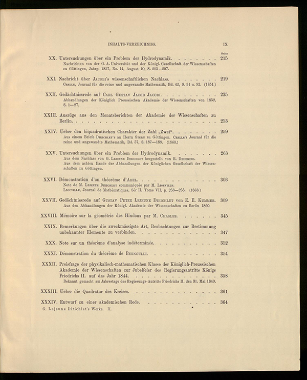 Third page of table of contents for Dirichlet's collected works, volume II, 1897