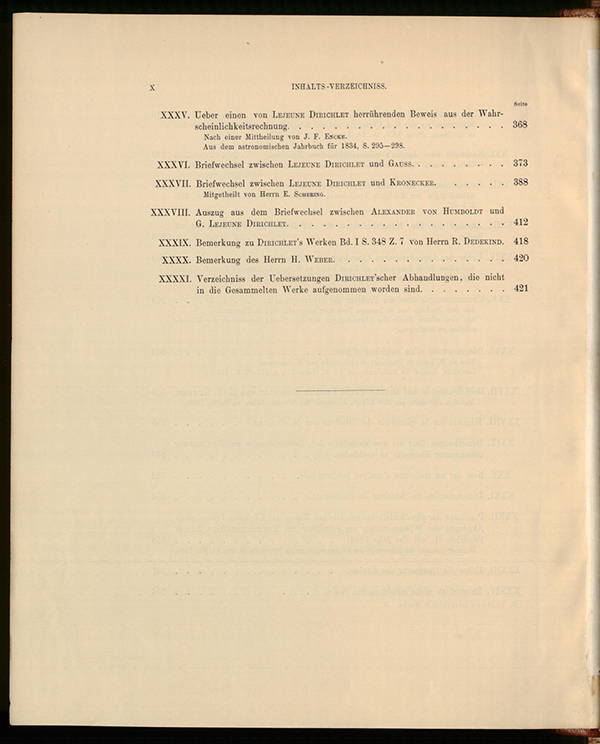 Fourth page of table of contents for Dirichlet's collected works, volume II, 1897