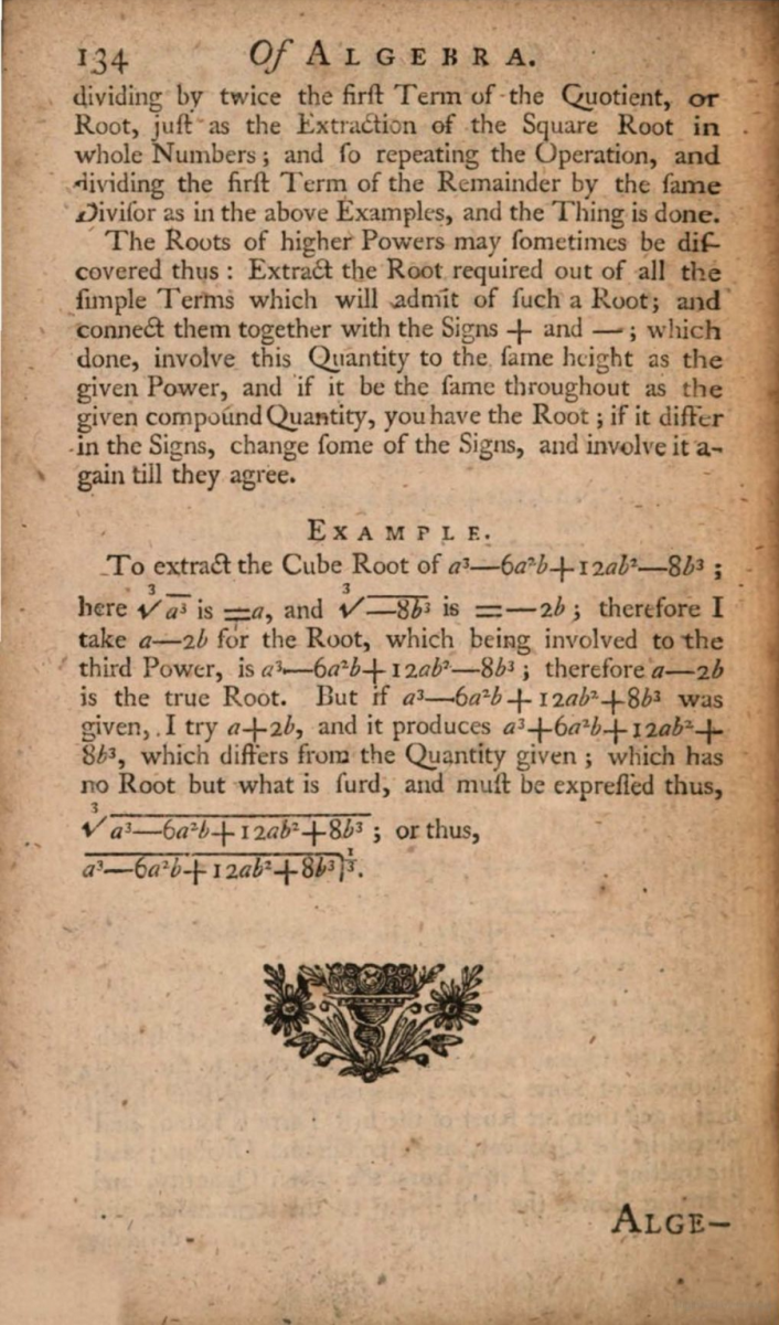 Page 134 from The Analyst, or an Introduction to the Mathematics, an anonymous textbook published in 1746.