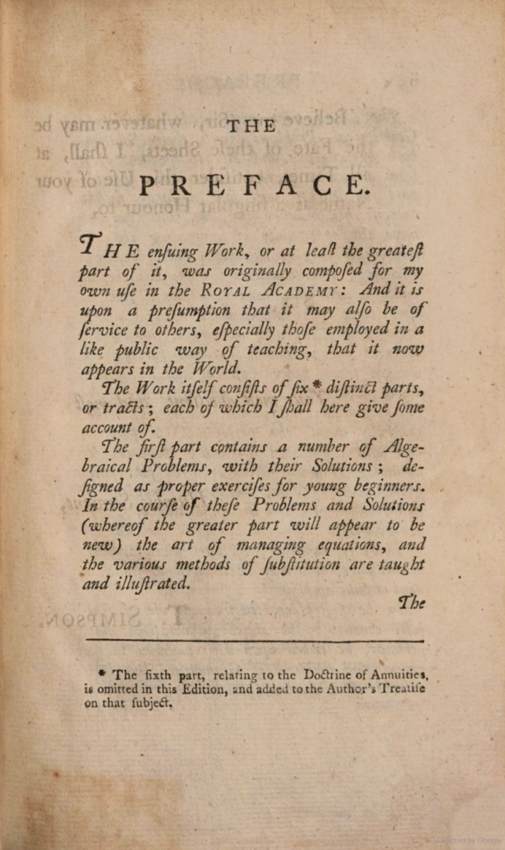 First page of preface for Thomas Simpson's Select Exercises for Young Proficients in the Mathematicks.