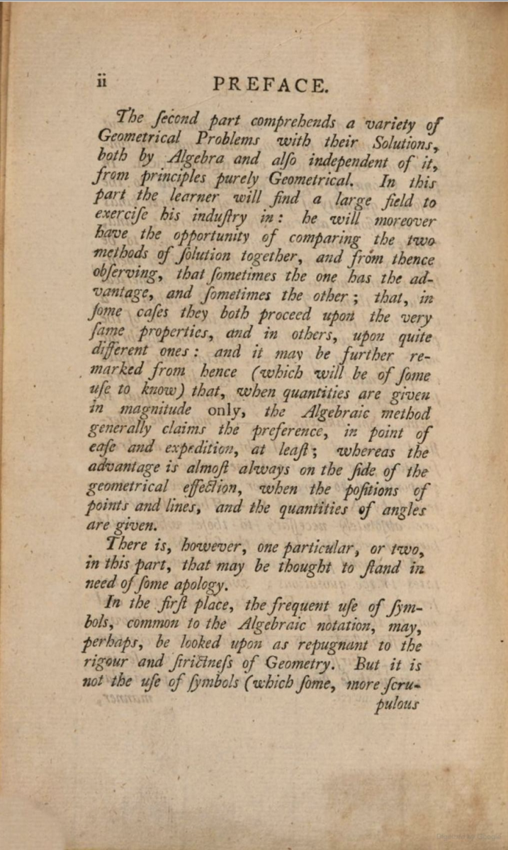 Second page of preface for Thomas Simpson's Select Exercises for Young Proficients in the Mathematicks.