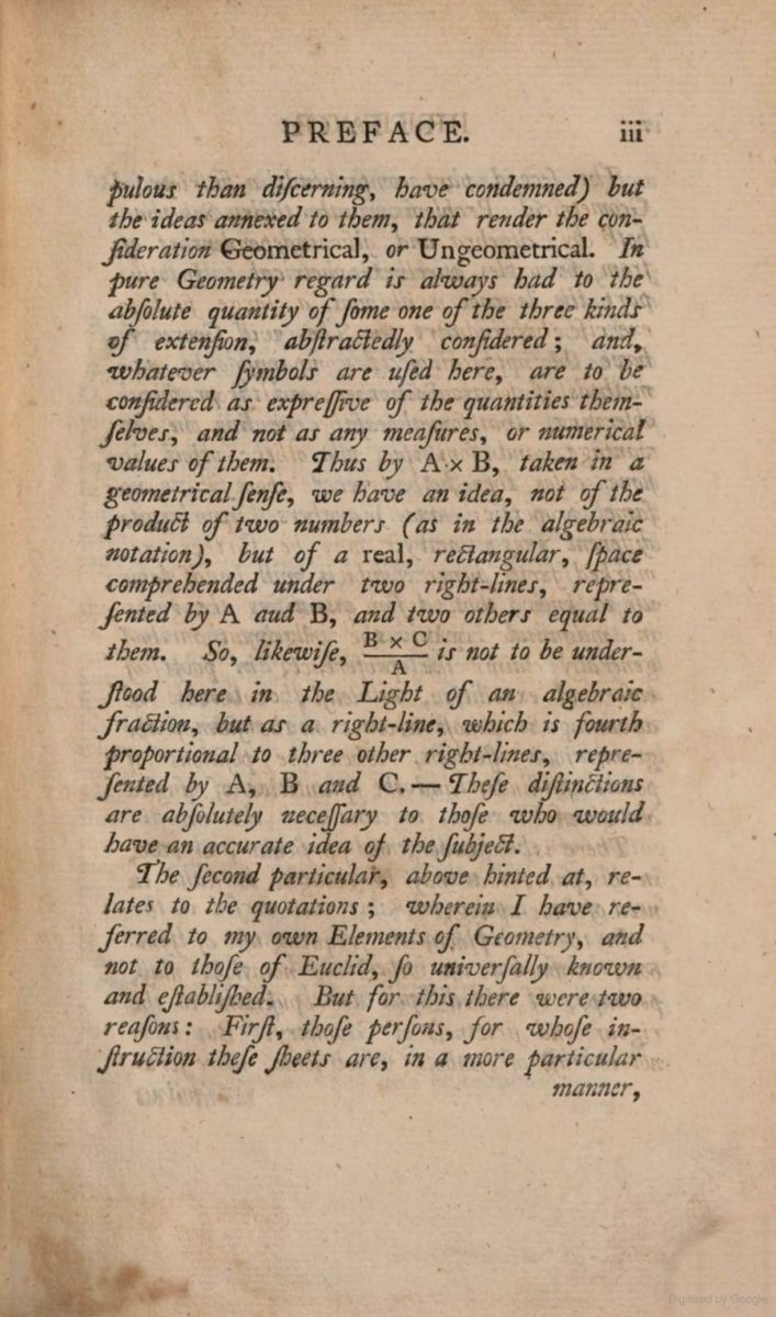 Third page of preface for Thomas Simpson's Select Exercises for Young Proficients in the Mathematicks.