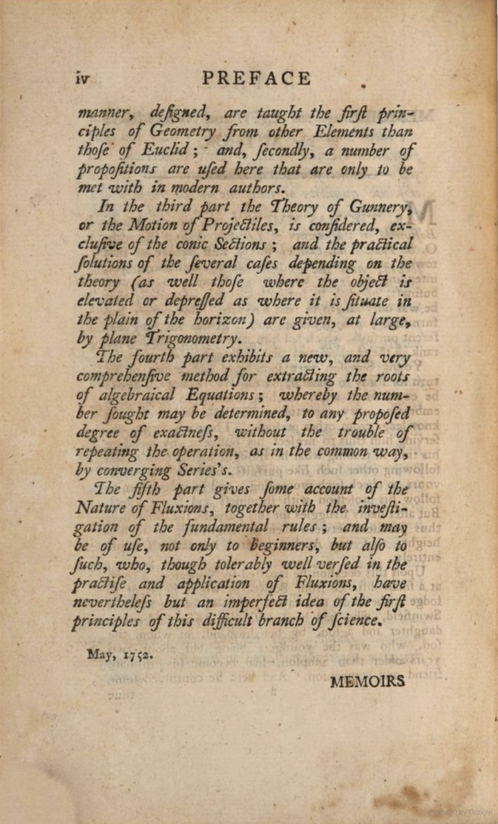 Fourth page of preface for Thomas Simpson's Select Exercises for Young Proficients in the Mathematicks.