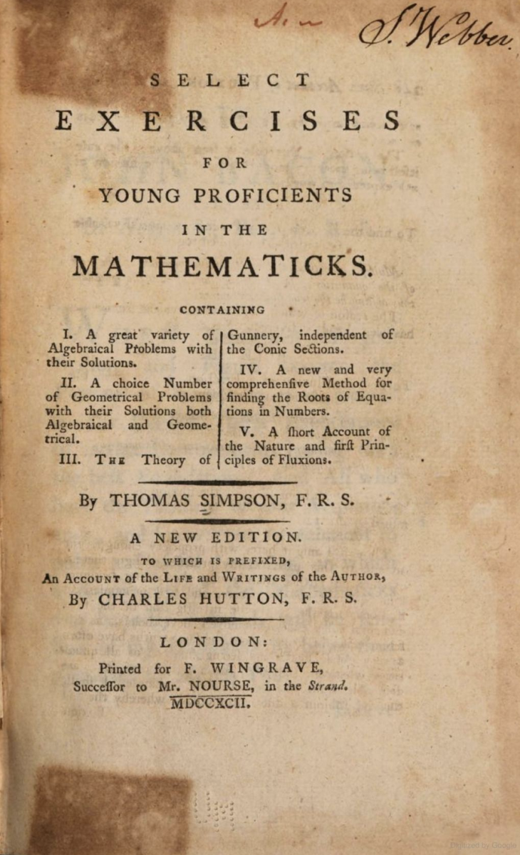 Title page for 1792 edition of Thomas Simpson's Select Exercises for Young Proficients in the Mathematicks.