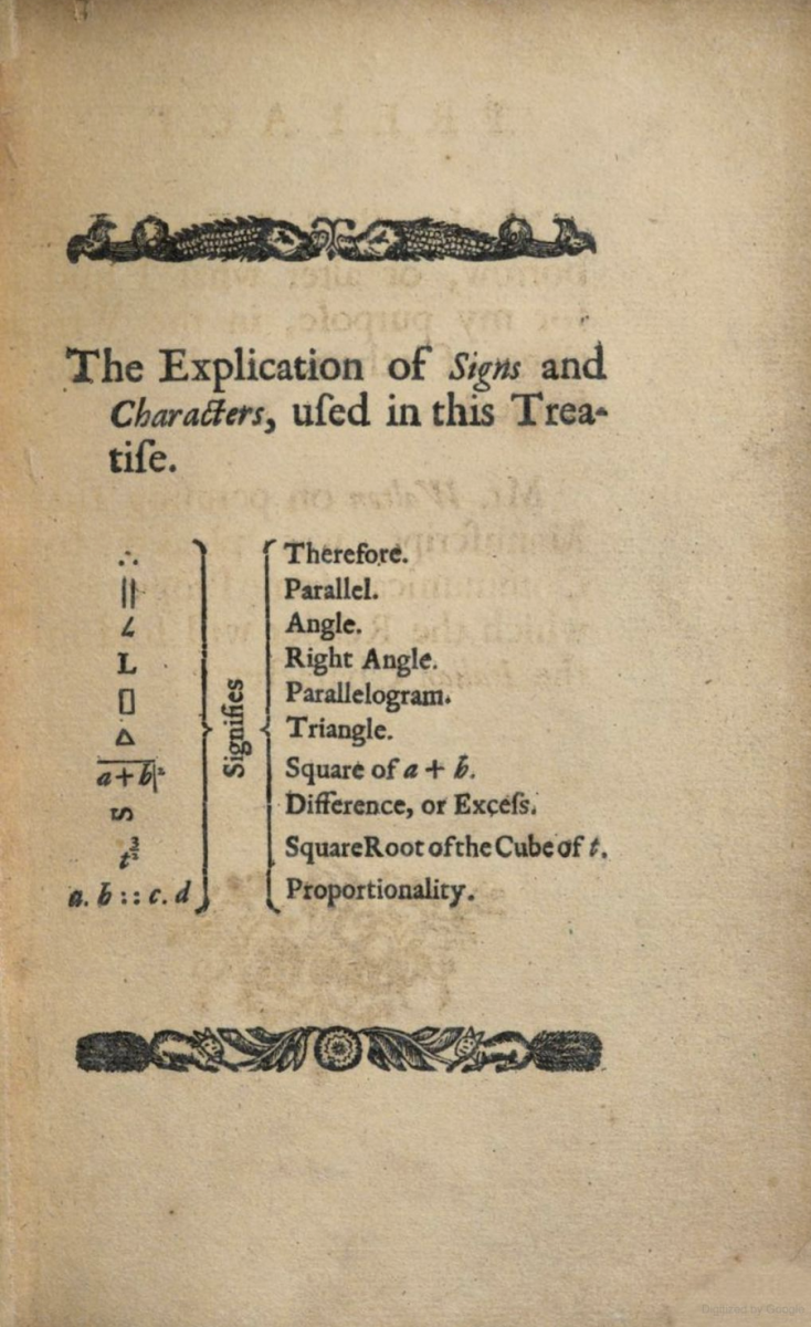 Table of symbols from Robert Steell's 1723 A Treatise on Conic Sections.