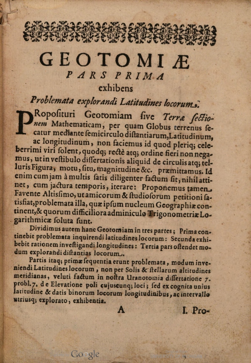 First page of Johann Placentinus's 1657 Geotomia.