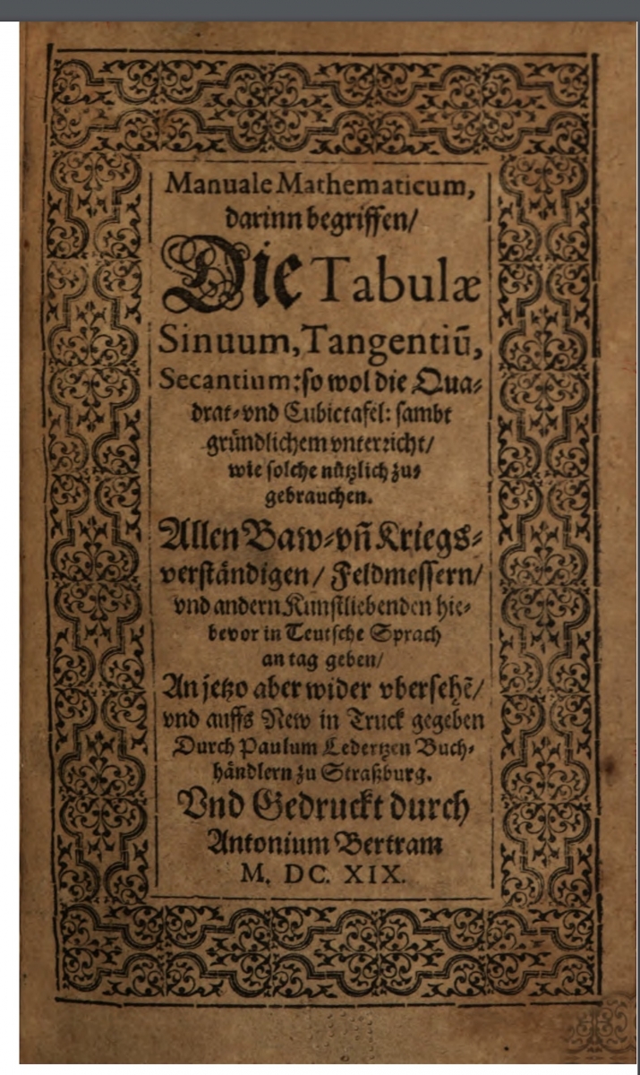 Title page of 1619 Manuale mathematicum by Matthias Bernegger.