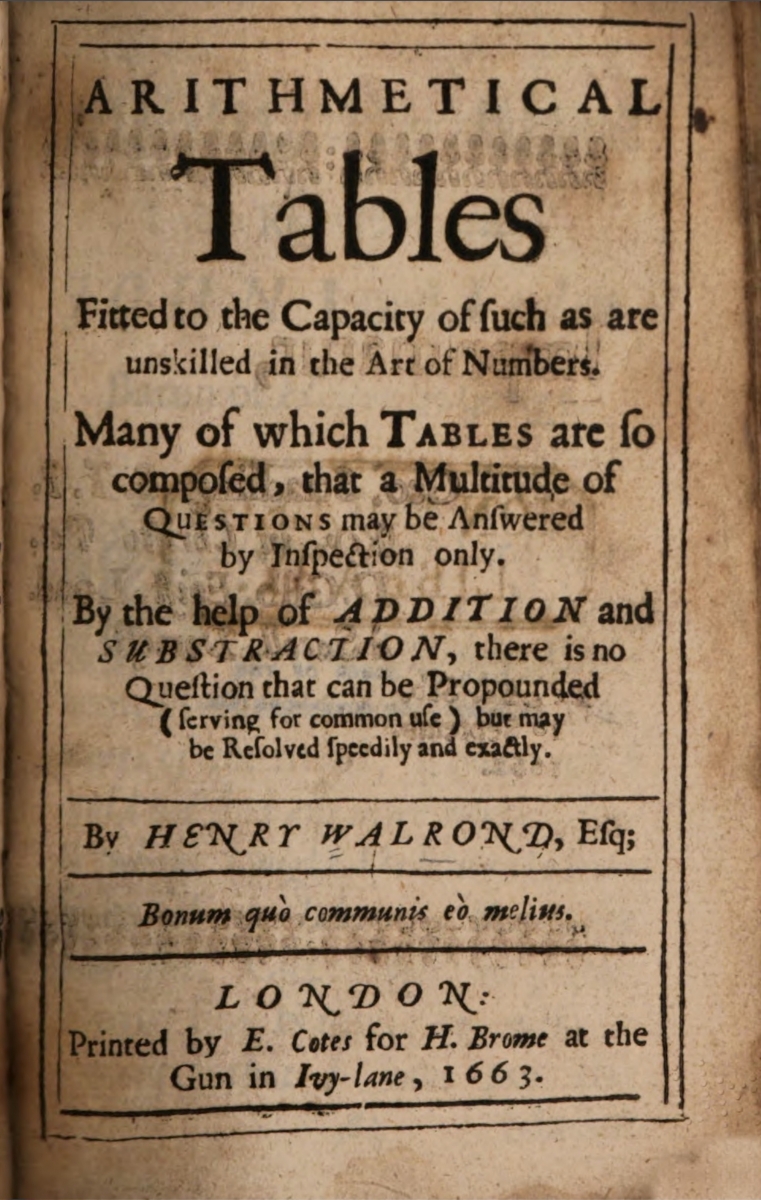 Title page of 1663 Arithmetical Tables by Henry Walrond.
