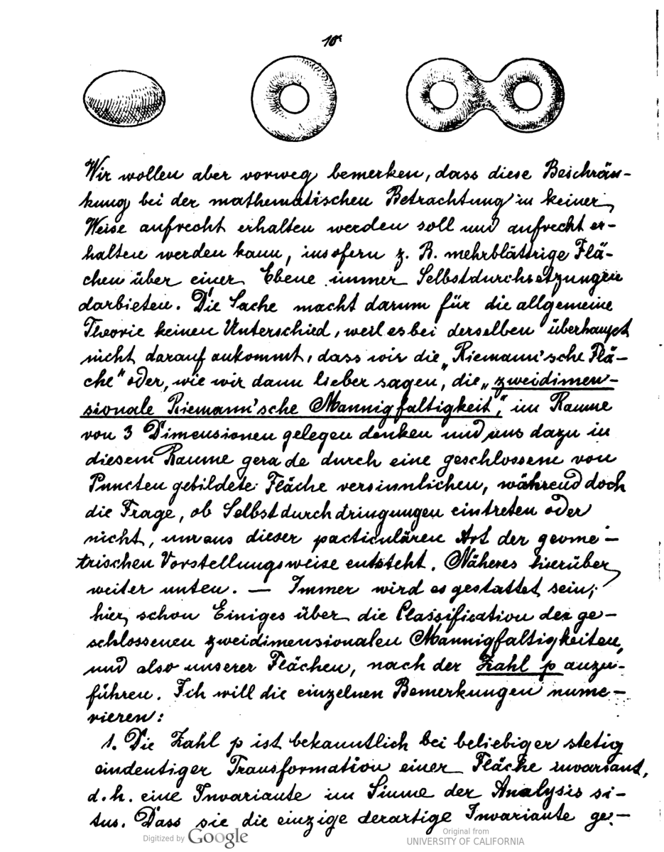 Page 10 from handwritten copy of Klein's lecture notes on Riemann Surfaces, 1892.