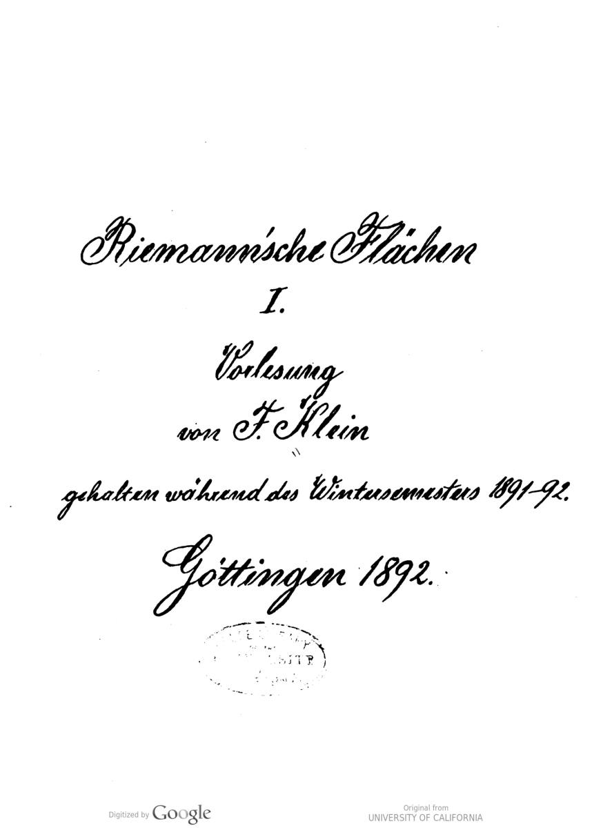 Title page for handwritten copy of Klein's lecture notes on Riemann Surfaces, 1892.