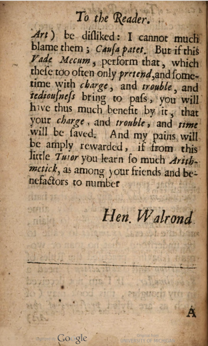 Fourth page of preface to 1663 Arithmetical Tables by Henry Walrond.
