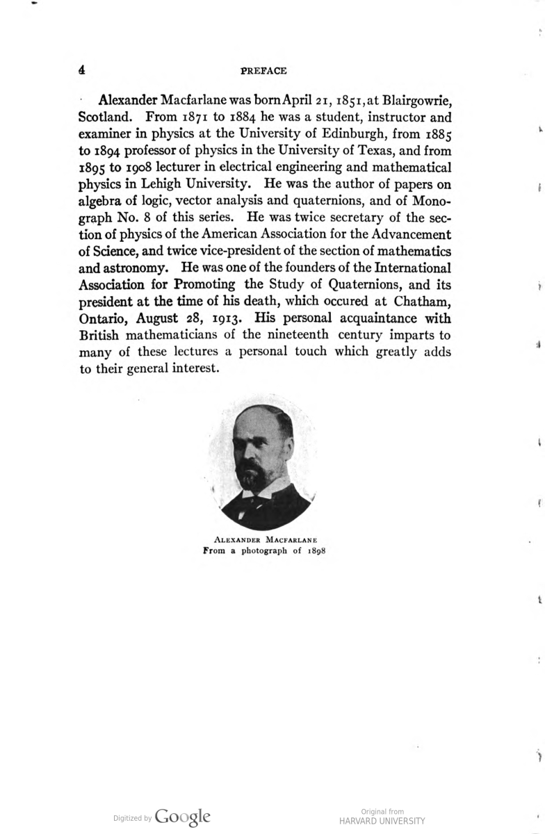Page 4 from Alexander Macfarlane's 1916 Lectures on ten British mathematicians of the nineteenth century.