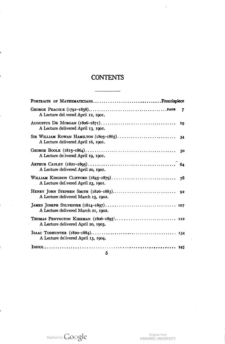 Table of contents from Alexander Macfarlane's 1916 Lectures on ten British mathematicians of the nineteenth century.