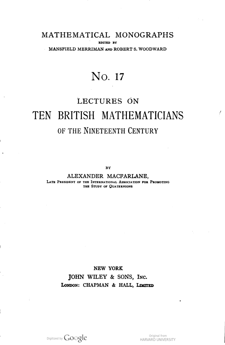 Title page of Alexander Macfarlane's 1916 Lectures on ten British mathematicians of the nineteenth century.