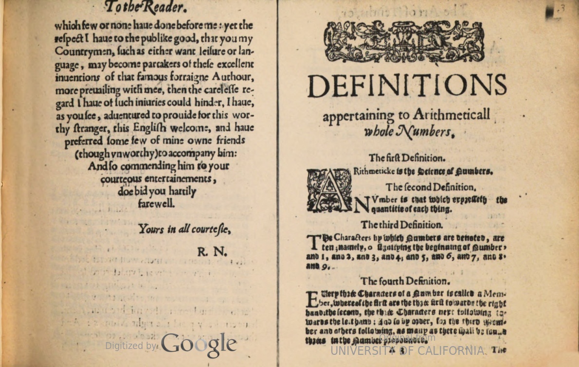 First page of definitions in Disme, translated by Robert Norton in 1608.