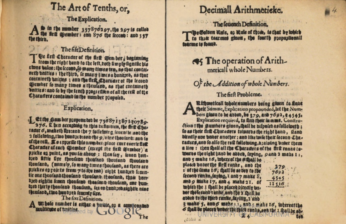 Second page of definitions in Disme, translated by Robert Norton in 1608.