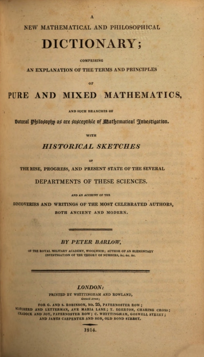 Title page for Peter Barlow's New Mathematical and Philosophical Dictionary, 1814.