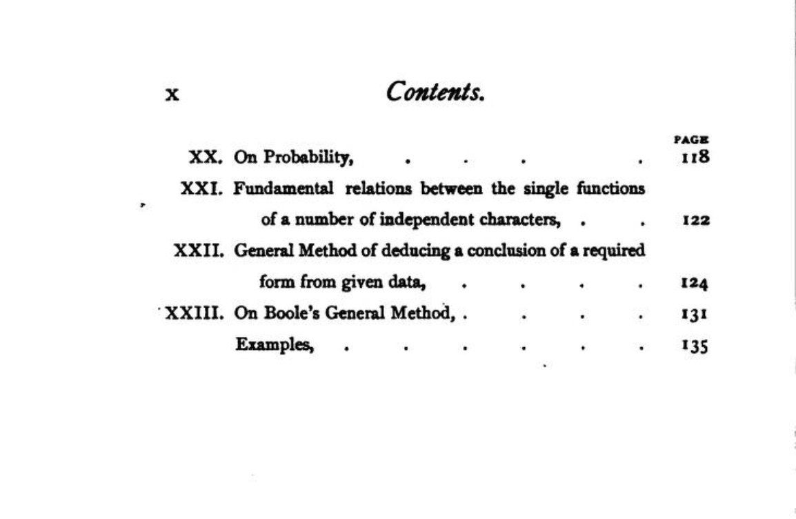 Remainder of table of contents from Alexander Macfarlane's 1879 Principles of the Algebra of Logic.