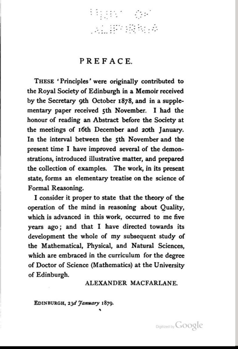Preface from Alexander Macfarlane's 1879 Principles of the Algebra of Logic.