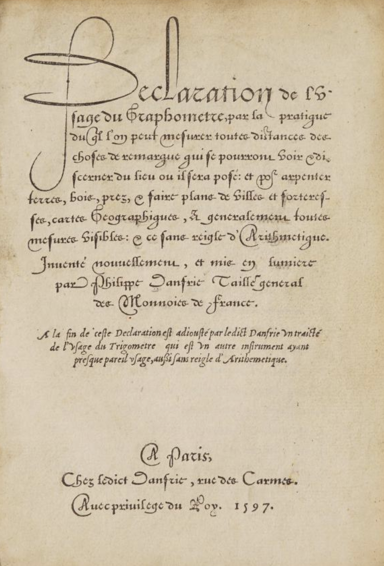 Title page of Philippe Danfrie's 1597 Declaration de l'usage du Graphometre.