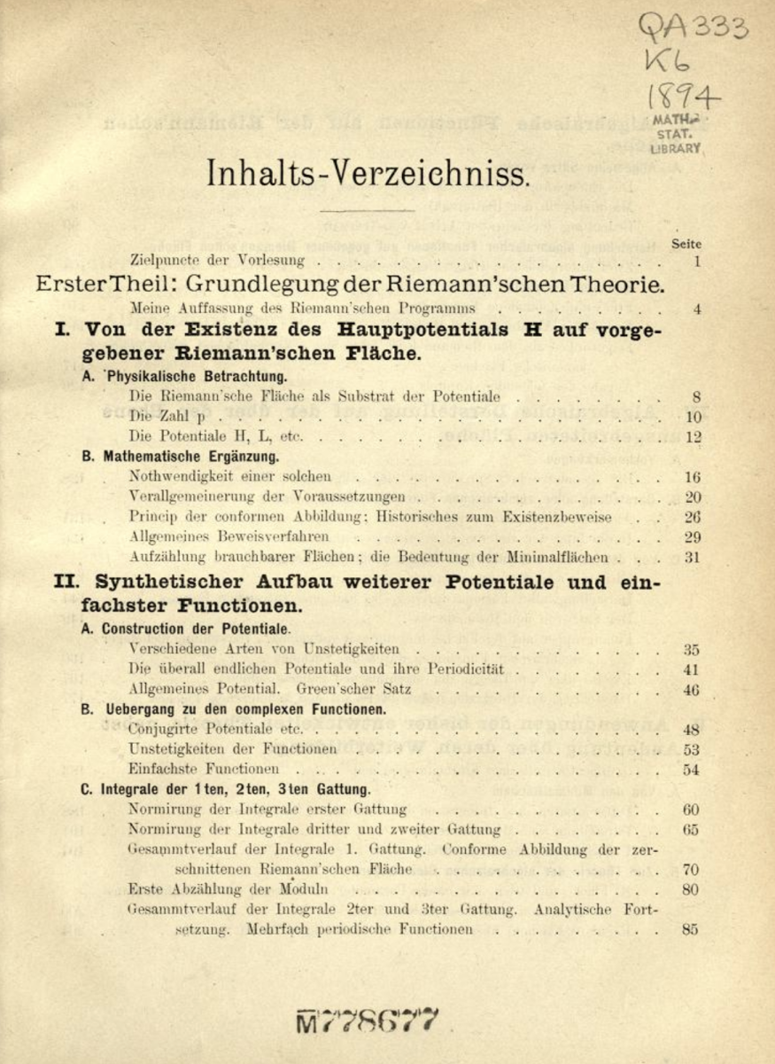 First page of table of contents for 1894 partially-printed version of Klein's lecture notes on Riemann Surfaces.