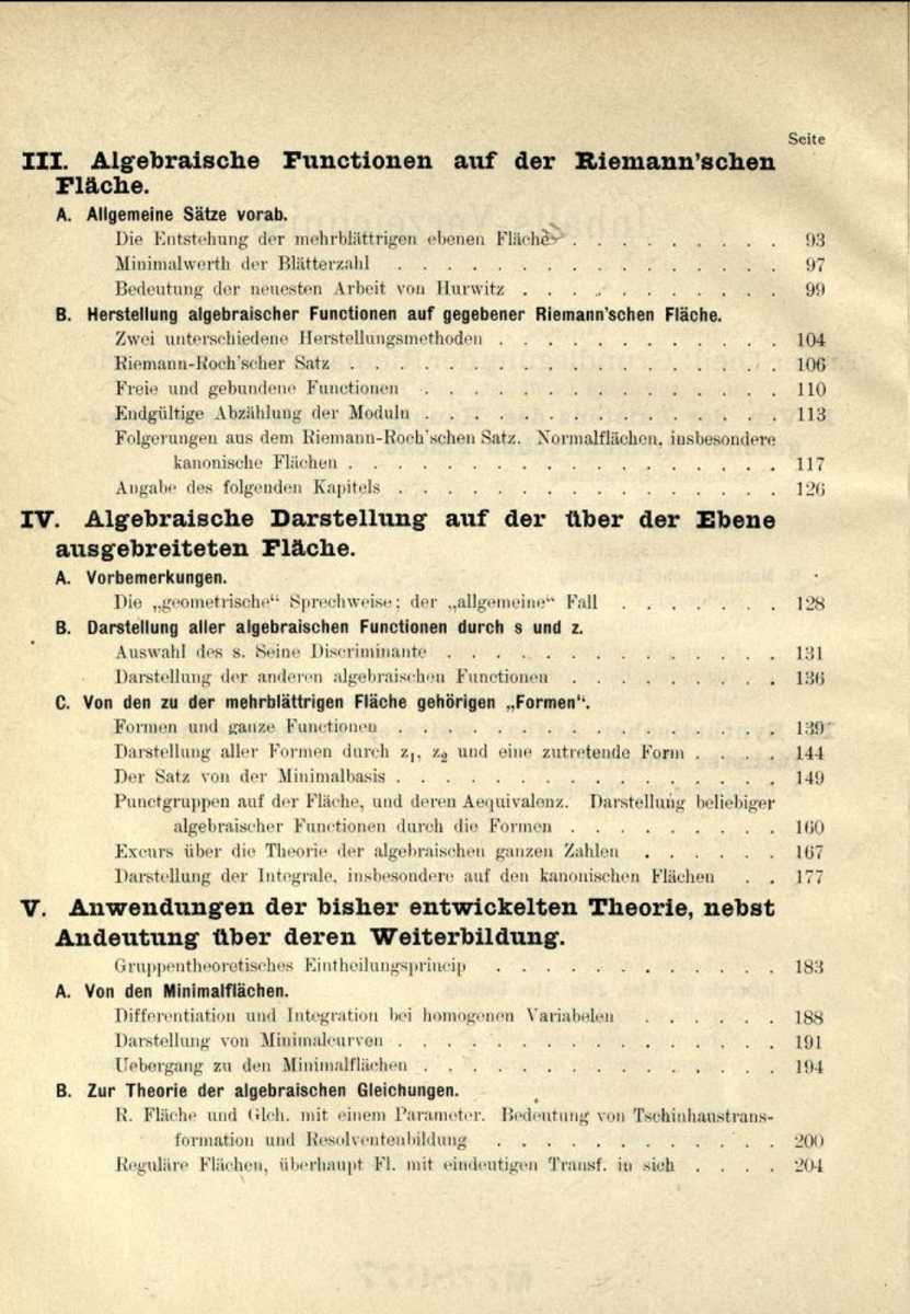 Second page of table of contents for 1894 partially-printed version of Klein's lecture notes on Riemann Surfaces.