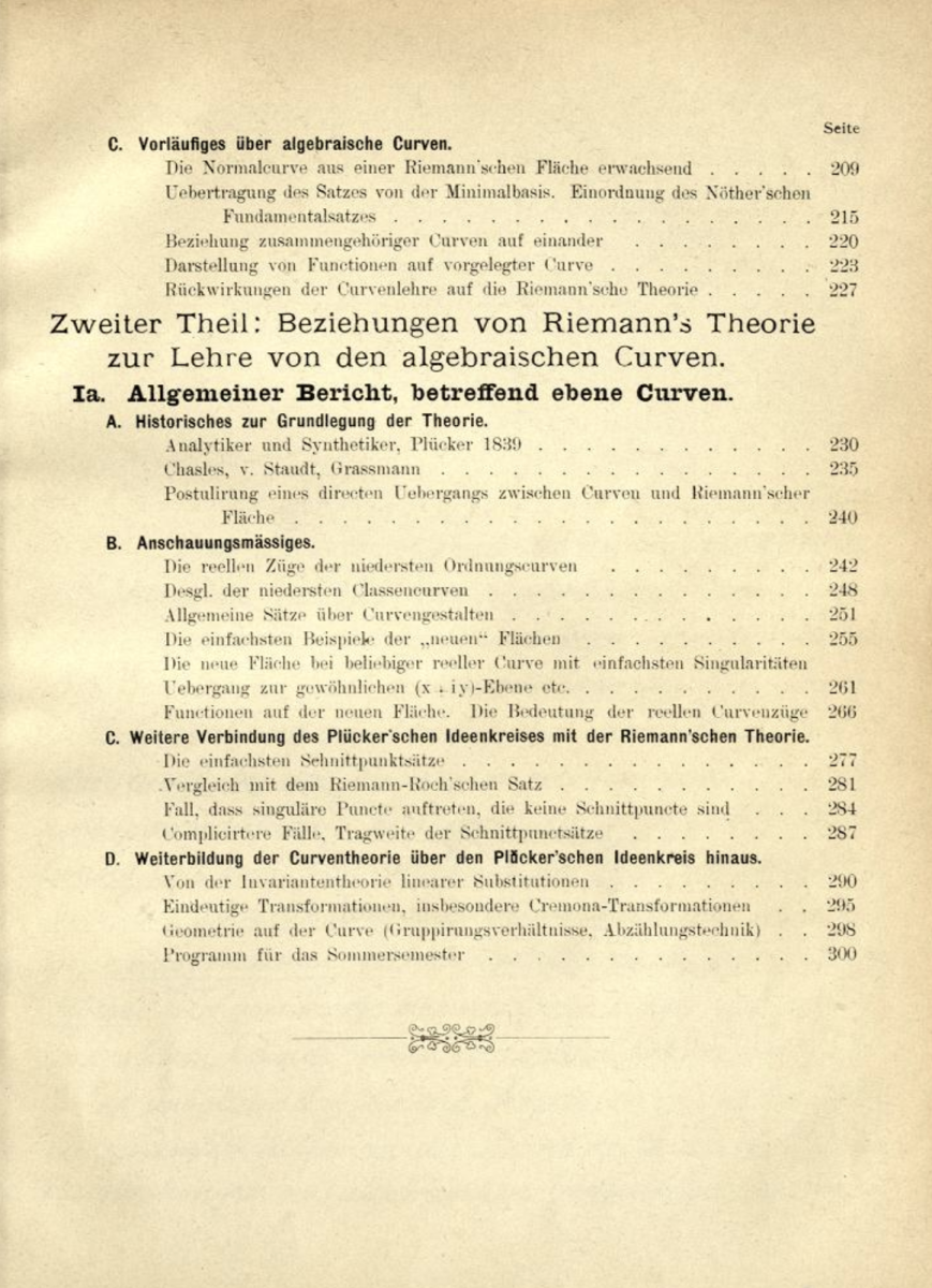 Third page of table of contents for 1894 partially-printed version of Klein's lecture notes on Riemann Surfaces.
