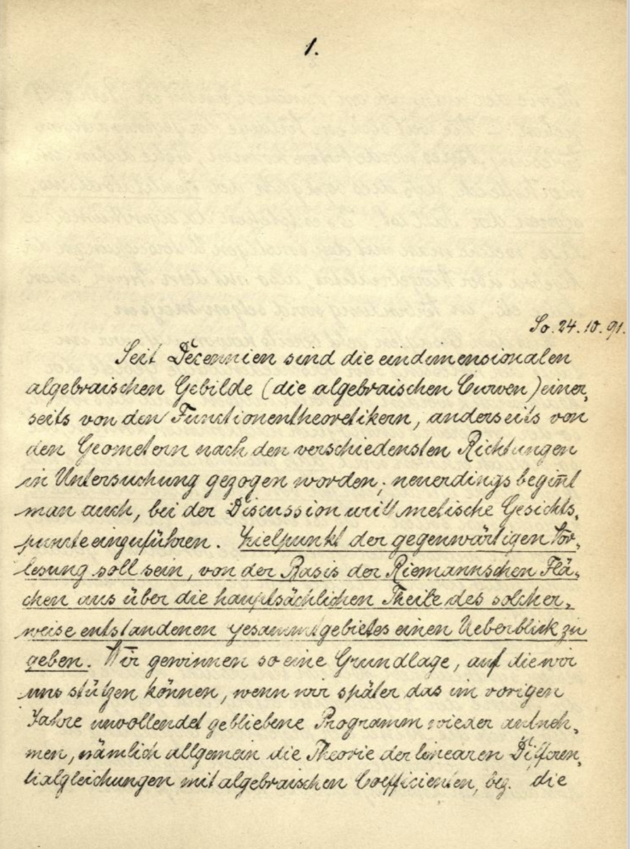 First page of 1894 partially-printed version of Klein's lecture notes on Riemann Surfaces.