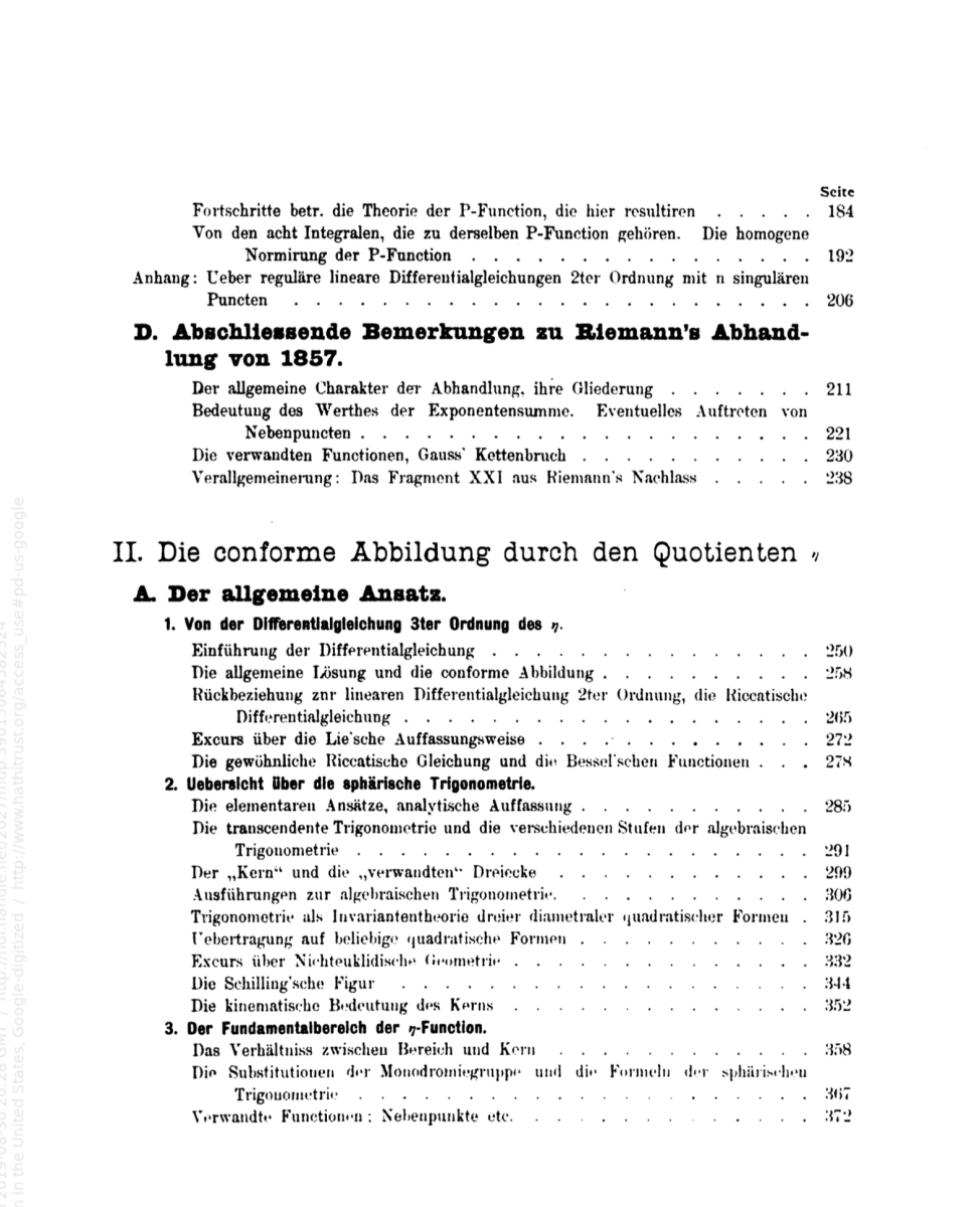Second page of table of contents for Ueber die hypergeometrische function, 1894.
