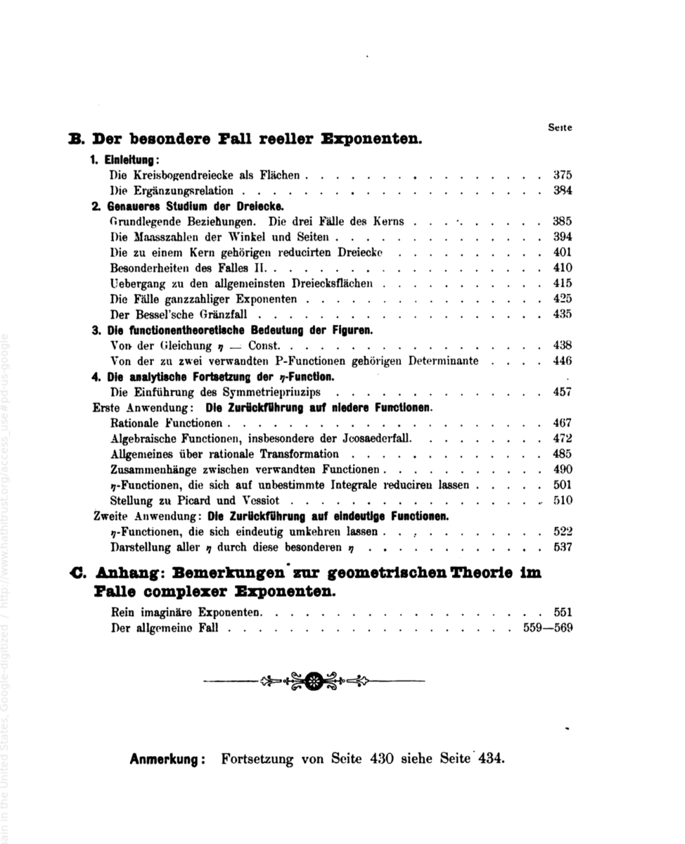 Third page of table of contents for Ueber die hypergeometrische function, 1894.