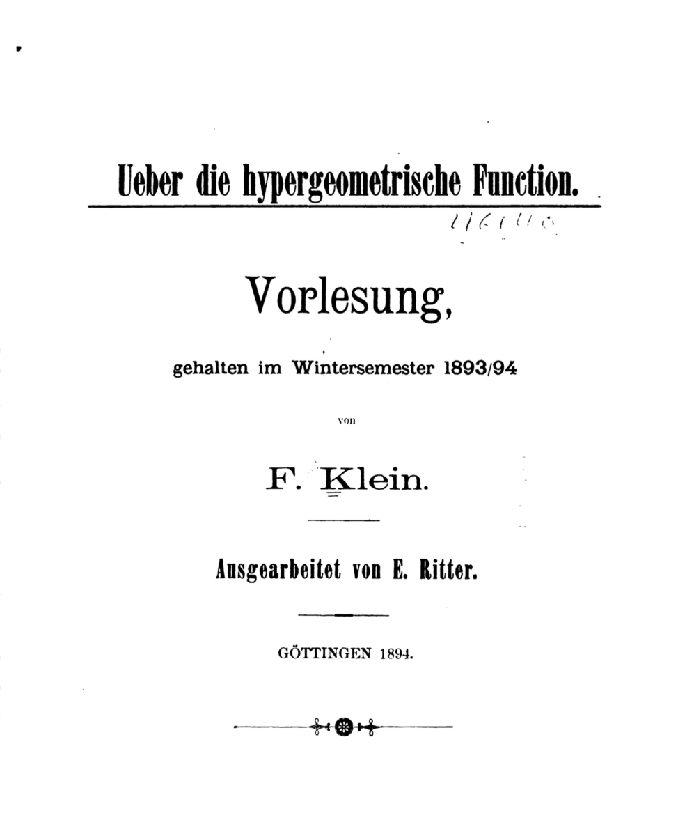 Title page of Ueber die hypergeometrische function, 1894.