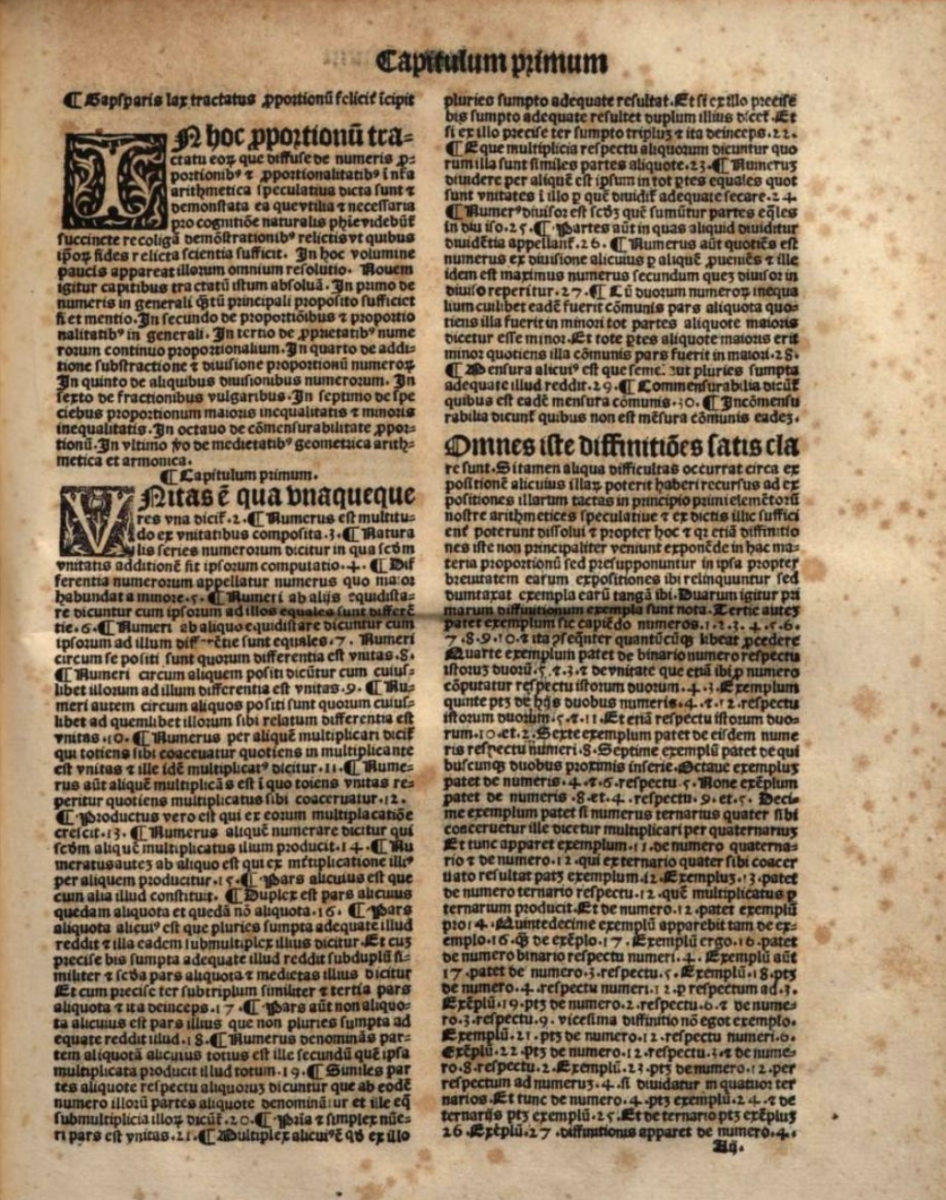 Page 1 of Proportiones magistri Gasparis lax aragonensis de sarinyena (1511).