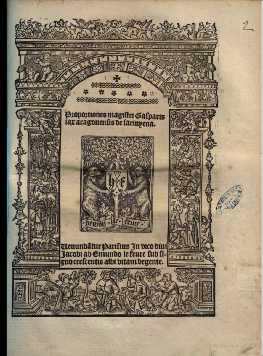 Title page of Proportiones magistri Gasparis lax aragonensis de sarinyena (1515).