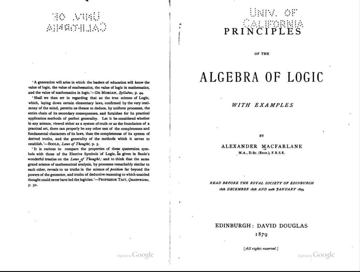 Testimonials and title page from Alexander Macfarlane's 1879 Principles of the Algebra of Logic.