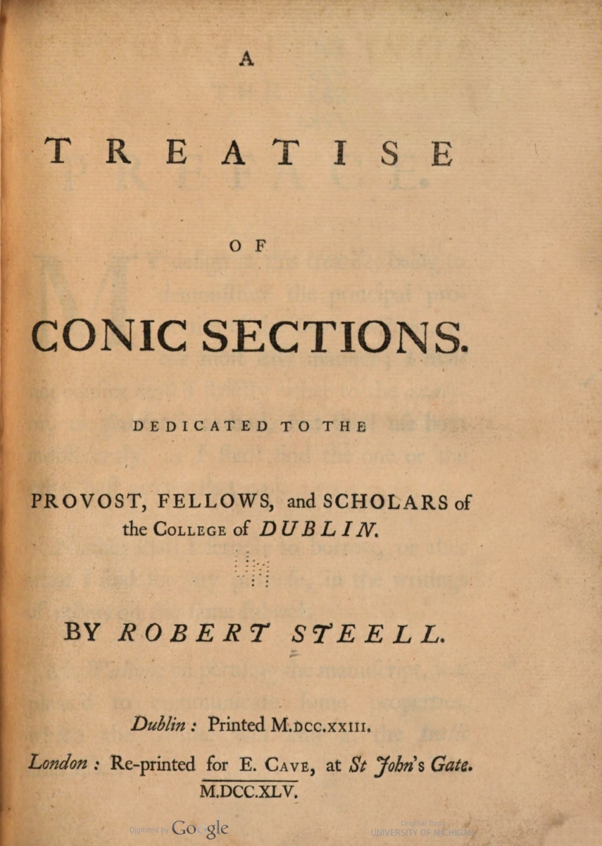 Title page of the 1745 reprint edition of Steell's A Treatise of Conic Sections.