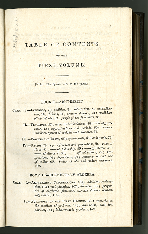 First page of table of contents for Complete Course in Pure Mathematics by Francoeur, translated by Blakelock, vol. 1, 1829