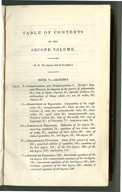 First page of table of contents for Complete Course in Pure Mathematics by Francoeur, translated by Blakelock, vol. 2, 1830