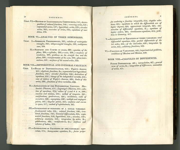 Second and third pages of table of contents for Complete Course in Pure Mathematics by Francoeur, translated by Blakelock, vol. 2, 1830