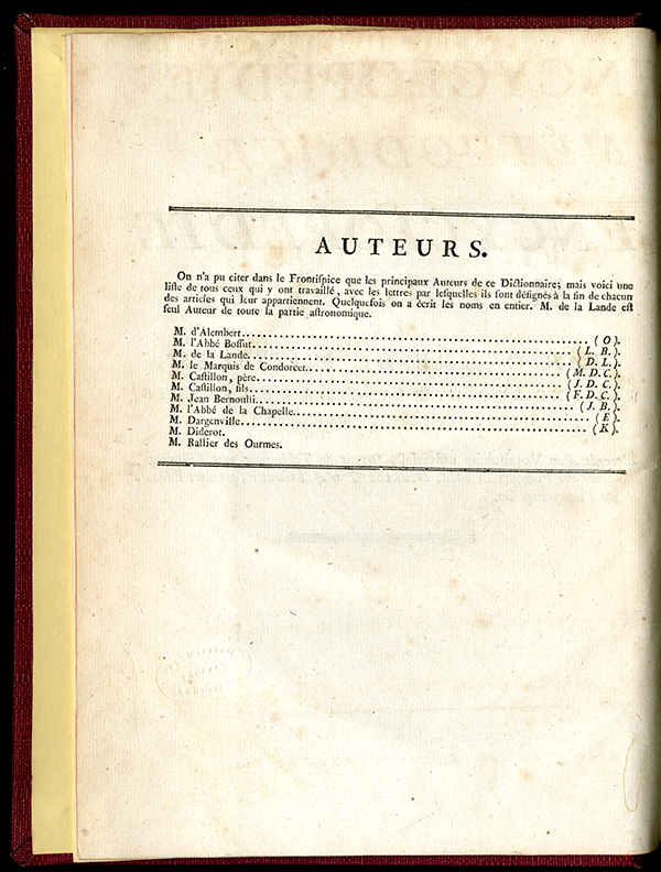 List of authors of 1784 volume “Mathématiques” from the Encyclopédie Méthodique